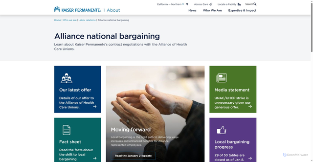 Security scan screenshot of https://about.kaiserpermanente.org/who-we-are/labor-relations/alliance-national-bargaining