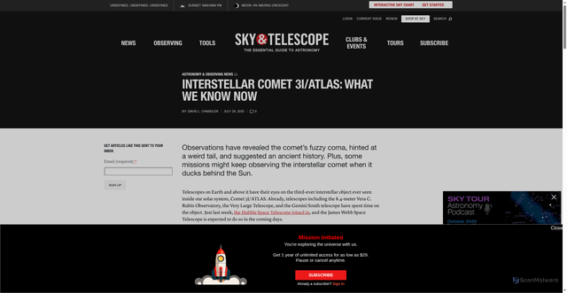 Security scan screenshot of https://skyandtelescope.org/astronomy-news/interstellar-comet-3i-atlas-what-we-know-now/
