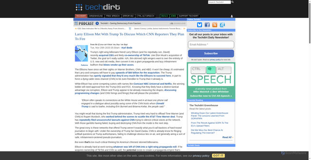 Security scan screenshot of https://www.techdirt.com/2025/11/25/larry-ellison-met-with-trump-to-discuss-which-cnn-reporters-they-plan-to-fire/