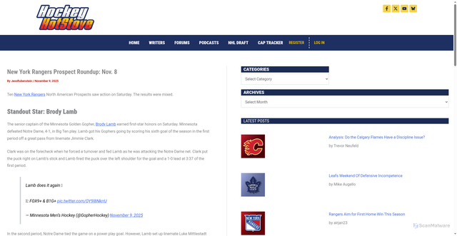 Security scan screenshot of https://hockeyhotstove.com/new-york-rangers-prospect-roundup-nov-8/