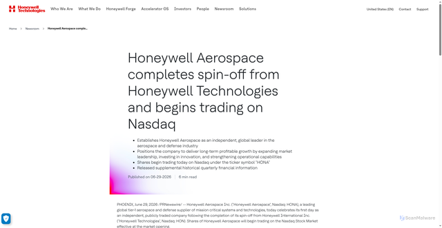 Security scan screenshot of https://www.honeywell.com/us/en/news/press-releases/2026/06/honeywell-aerospace-completes-spin-off-from-honeywell-technologies-and-begins-trading-on-nasdaq