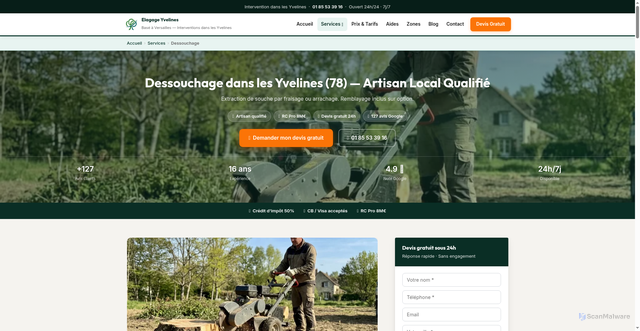 Security scan screenshot of https://elagage-abattage-yvelines.fr/dessouchage-yvelines/
