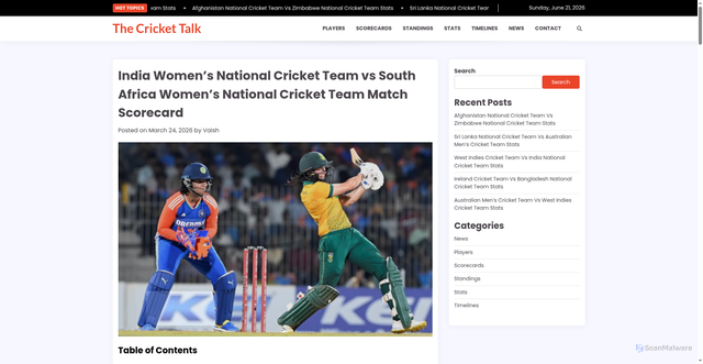 Security scan screenshot of https://thecrickettalk.com/india-womens-national-cricket-team-vs-south-africa-womens-national-cricket-team-match-scorecard/