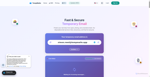 Security scan screenshot of https://tempmailo.app/