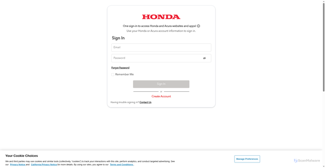 Security scan screenshot of https://login.honda.com