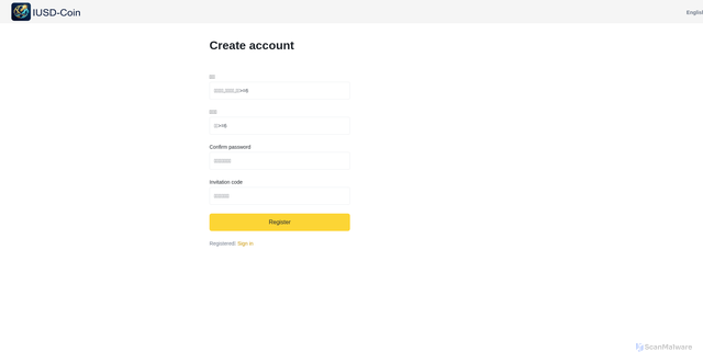 Security scan screenshot of https://iusdcoin.ink/Login/register/Lang/en-us