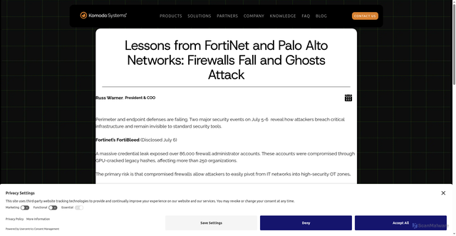 Security scan screenshot of https://www.komodosystems.com/post/lessons-from-fortinet-and-palo-alto-networks-firewalls-fall-and-ghosts-attack