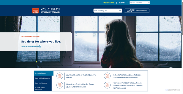 Security scan screenshot of https://www.healthvermont.gov/