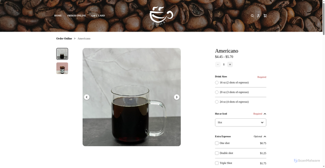 Security scan screenshot of https://www.coffeeandtslongviewtx.com/product/americano/7