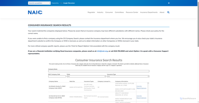Security scan screenshot of https://content.naic.org/cis_consumer_information.htm