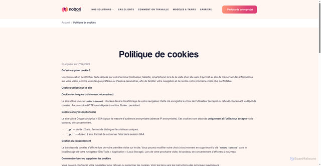 Security scan screenshot of https://nobori-website.pages.dev/politique-cookies/