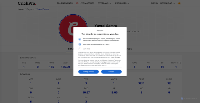 Security scan screenshot of https://crickpro.com/player/yuvraj-samra-523603
