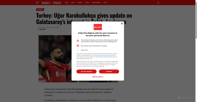 Security scan screenshot of https://dailypost.ng/2025/12/13/turkey-ugur-karakullukcu-gives-update-on-galatasarays-interest-in-salah-lookman/