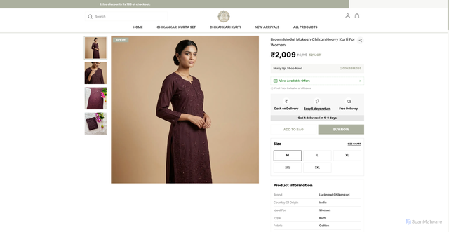 Security scan screenshot of https://pkzlucknawichikan.com/Brown-Modal-Mukesh-Chikan-Heavy-Kurti-For-Women/catalogue/dcM9-3Mt/M0tNVPPO