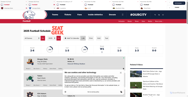 Security scan screenshot of https://usajaguars.com/sports/football/schedule/2025