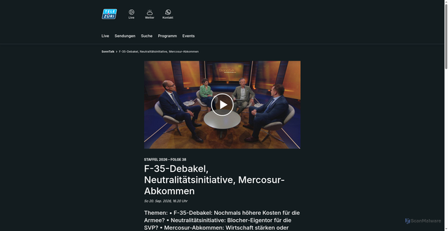 Security scan screenshot of https://www.telezueri.ch/sonntalk/f-35-debakel-neutralitaetsinitiative-mercosur-abkommen-165059429