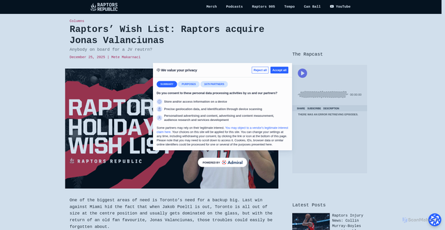 Security scan screenshot of https://www.raptorsrepublic.com/2025/12/25/raptors-wish-list-raptors-acquire-jonas-valanciunas/
