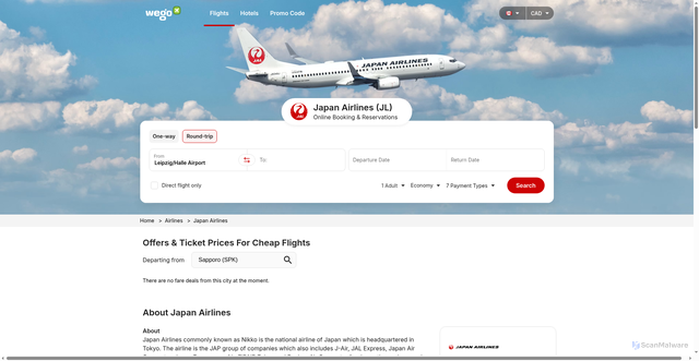 Security scan screenshot of https://www.wegotravel.ca/airlines/japan-airlines-jl