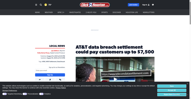 Security scan screenshot of https://www.click2houston.com/news/local/2025/08/17/att-data-breach-settlement-could-pay-customers-up-to-7500/
