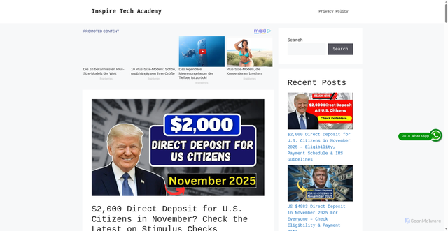 Security scan screenshot of https://inspiretechacademy.co.in/2000-direct-deposit-for-u-s-citizens-in-november-check-the-latest-on-stimulus-checks/