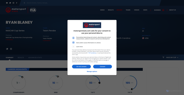 Security scan screenshot of https://motorsportstats.com/driver/ryan-blaney/summary/series/nascar-cup-series