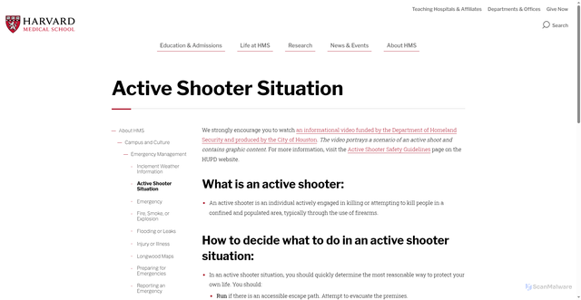Security scan screenshot of https://hms.harvard.edu/about-hms/campus-culture/emergency-management/active-shooter-situation