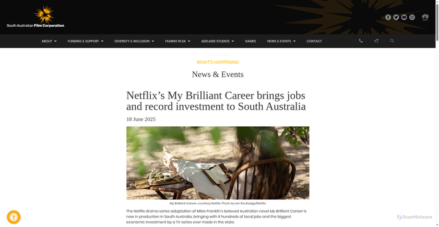 Security scan screenshot of https://www.safilm.com.au/latest-news/netflix-chooses-brilliant-sa-for-my-brilliant-career/