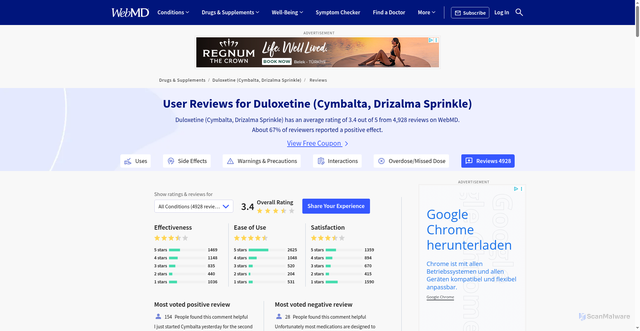 Security scan screenshot of https://reviews.webmd.com/drugs/drugreview-duloxetine-cymbalta-drizalma-sprinkle