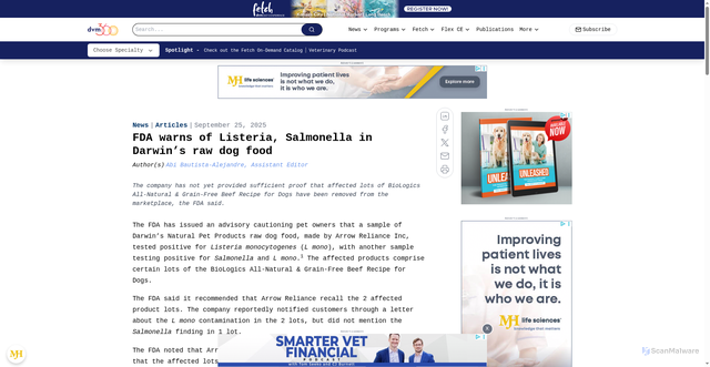 Security scan screenshot of https://www.dvm360.com/view/fda-warns-of-listeria-salmonella-in-darwin-s-raw-dog-food