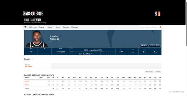 Security scan screenshot of https://stats.gleague.nba.com/player/1630228/career/