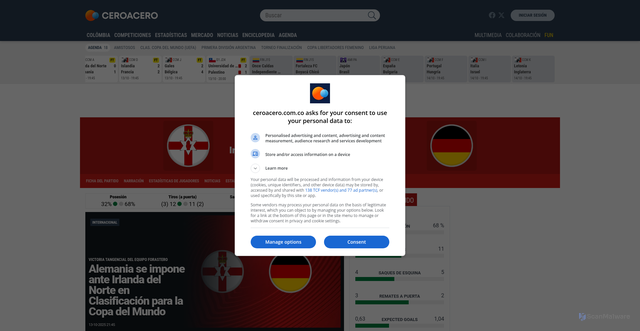 Security scan screenshot of https://www.ceroacero.com.co/partido/2025-10-13-irl-norte-alemanha/10678787