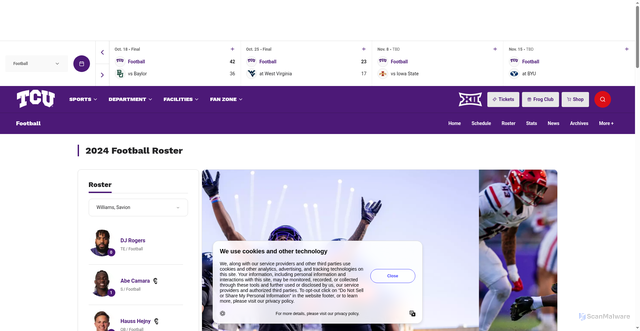 Security scan screenshot of https://gofrogs.com/sports/football/roster/savion-williams/16383