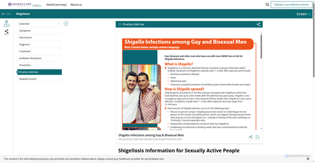 Security scan screenshot of https://maidenlanemedical.storymd.com/journal/6j49rxrunm-shigellosis/page/2qvxviaege-shigellosis-information-for-sexually-active-people