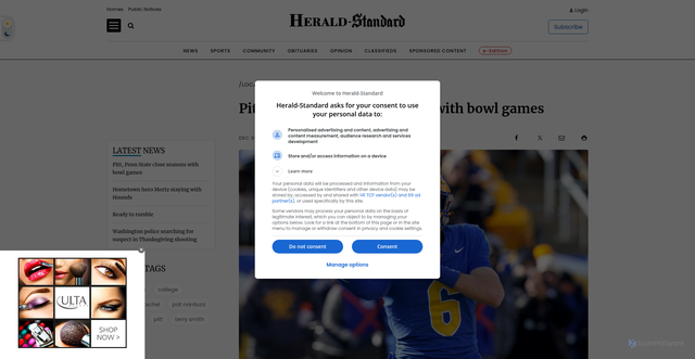 Security scan screenshot of https://www.heraldstandard.com/sports/local-sports/2025/dec/26/pitt-penn-state-close-seasons-with-bowl-games/