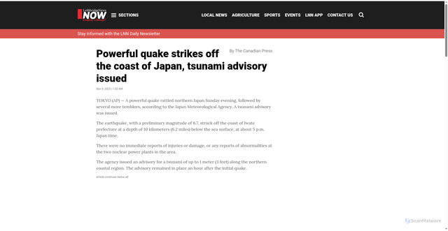 Security scan screenshot of https://lethbridgenewsnow.com/2025/11/09/powerful-earthquake-strikes-off-the-coast-of-japan-tsunami-advisory-issued/