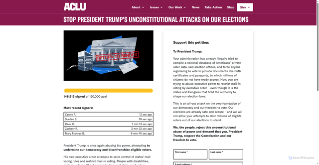 Security scan screenshot of https://action.aclu.org/petition/stop-president-trumps-unconstitutional-attacks-our-elections