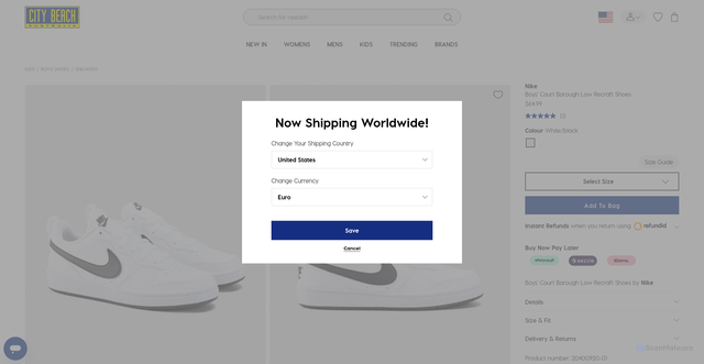 Security scan screenshot of https://www.citybeach.com/us/nike-boys-court-borough-low-recraft-shoes/20400920-01.html