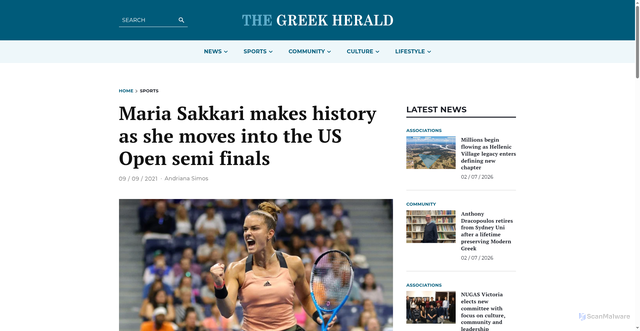 Security scan screenshot of https://greekherald.com.au/sports/maria-sakkari-makes-history-as-she-moves-into-the-us-open-semi-finals/
