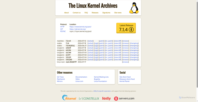 Security scan screenshot of https://kernel.org