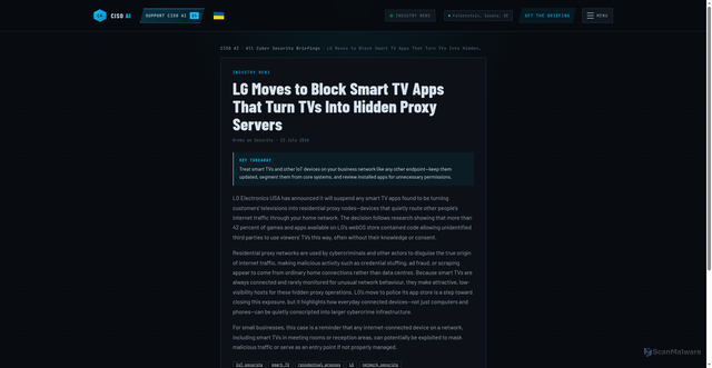 Security scan screenshot of https://cisoai.au/brief/lg-moves-to-block-smart-tv-apps