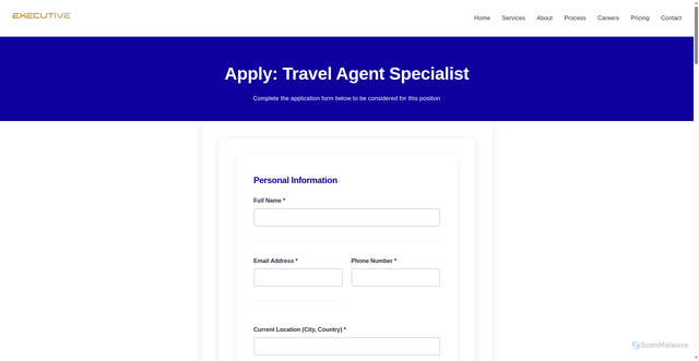 Security scan screenshot of https://executive-elite-agency.pages.dev/careers/travel-agent-specialist/apply