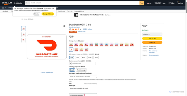 Security scan screenshot of https://www.amazon.com/DoorDash-Gift-Cards-Email-Delivery/dp/B07ZDX292M