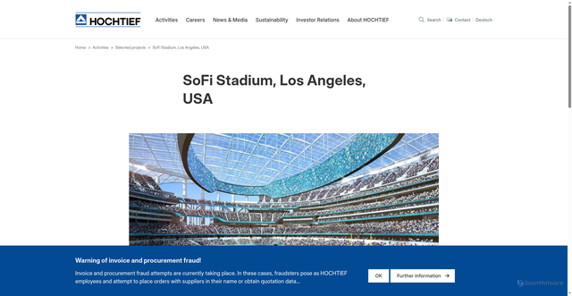 Security scan screenshot of https://www.hochtief.com/activities/selected-projects/sofi-stadium-los-angeles-usa
