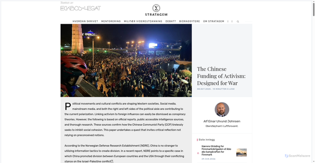 Security scan screenshot of https://www.stratagem.no/the-chinese-funding-of-activism-designed-for-war/