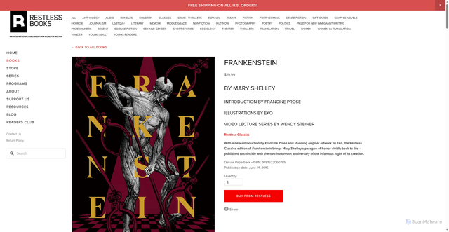 Security scan screenshot of https://restlessbooks.org/bookstore/frankenstein