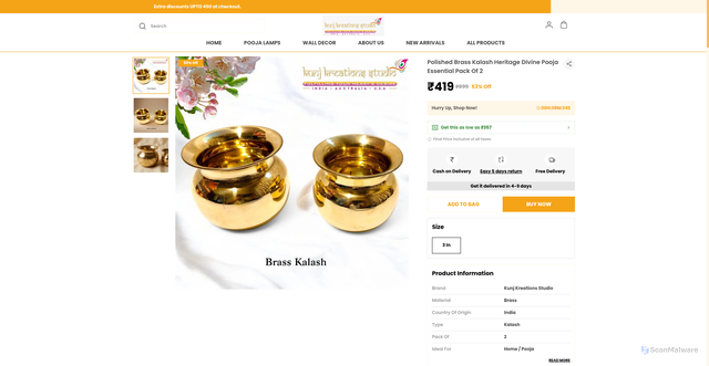 Security scan screenshot of https://kunjkreationsstudio.com/Polished-Brass-Kalash-Heritage-Divine-Pooja-Essential-Pack-Of-2/catalogue/X_jmV3qL/83ftb8jq