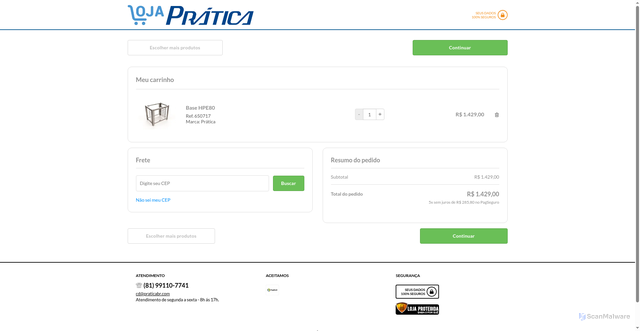 Security scan screenshot of https://loja.praticabr.com/loja/cartService.php?loja=447176&acao=incluir&IdProd=800340