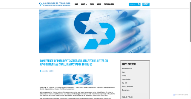 Security scan screenshot of https://conferenceofpresidents.org/press/conference-of-presidents-congratulates-yechiel-leiter-on-appointment-as-israeli-ambassador-to-the-us/