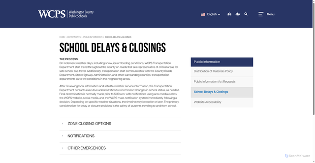 Security scan screenshot of https://www.wcpsmd.com/departments/public-information/school-delays-closings