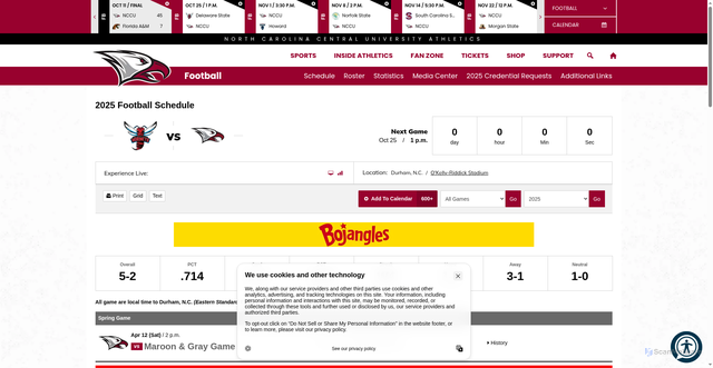 Security scan screenshot of https://nccueaglepride.com/sports/football/schedule/2025